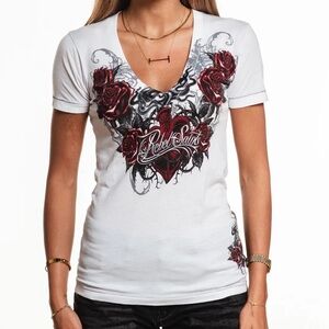 NWOT Rebel Saints Women's Small White Floral Cross With Angel Wings Tee